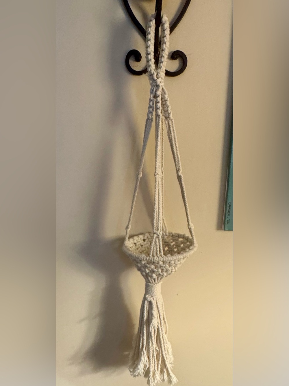 Boho Macramé Hanging Plant Holder in Cream 30” long with 5-6” circular holder